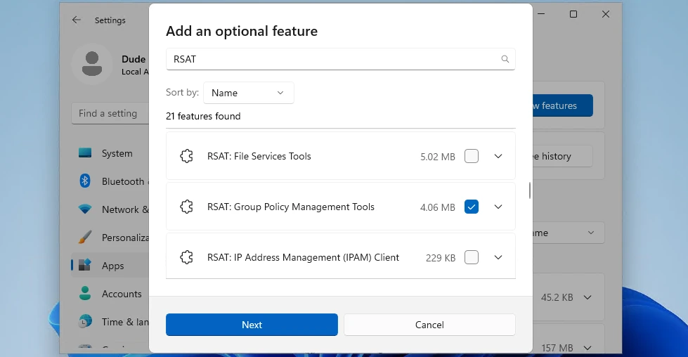 RSAT optional features screenshot